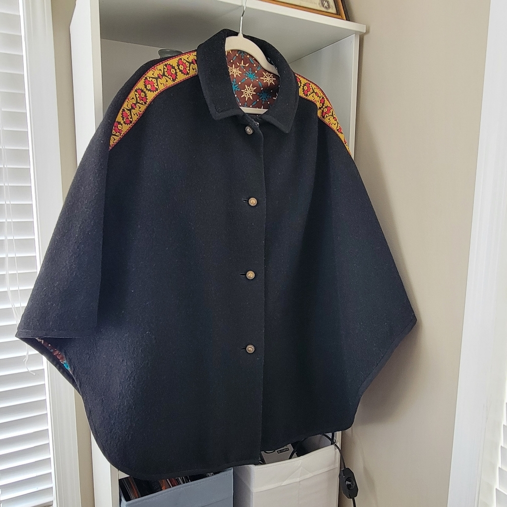 Black Wool Cape Poncho Shawl #2884
